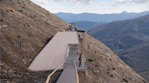 Çımağıl Mağarası çıkışından ziyaretçi merkezine bakış