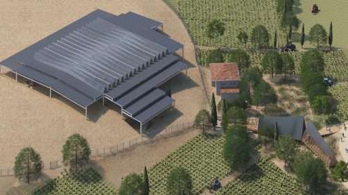 Höyük, koruma çatısı ve ziyaretçi merkezine genel bakış