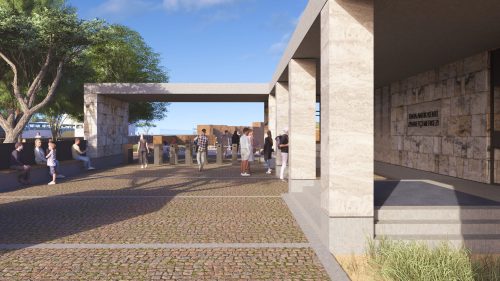 Dara Antik Kenti yeni ziyaretçi merkezi bahçesinden Nekropol turnikelerine bakış