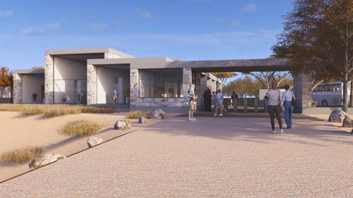 Dara Nekropolü turnikelerinden geçtikten hemen sonra yeni ziyaretçi merkezine bakış