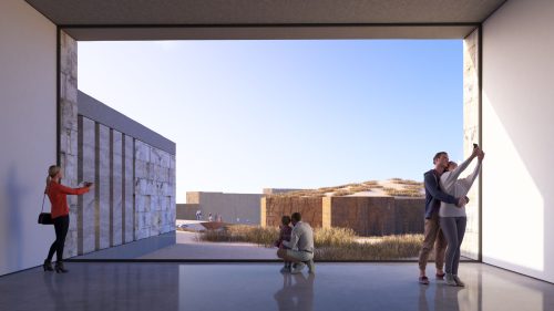 Yeni ziyaretçi merkezi iç mekanından Nekropole bakış